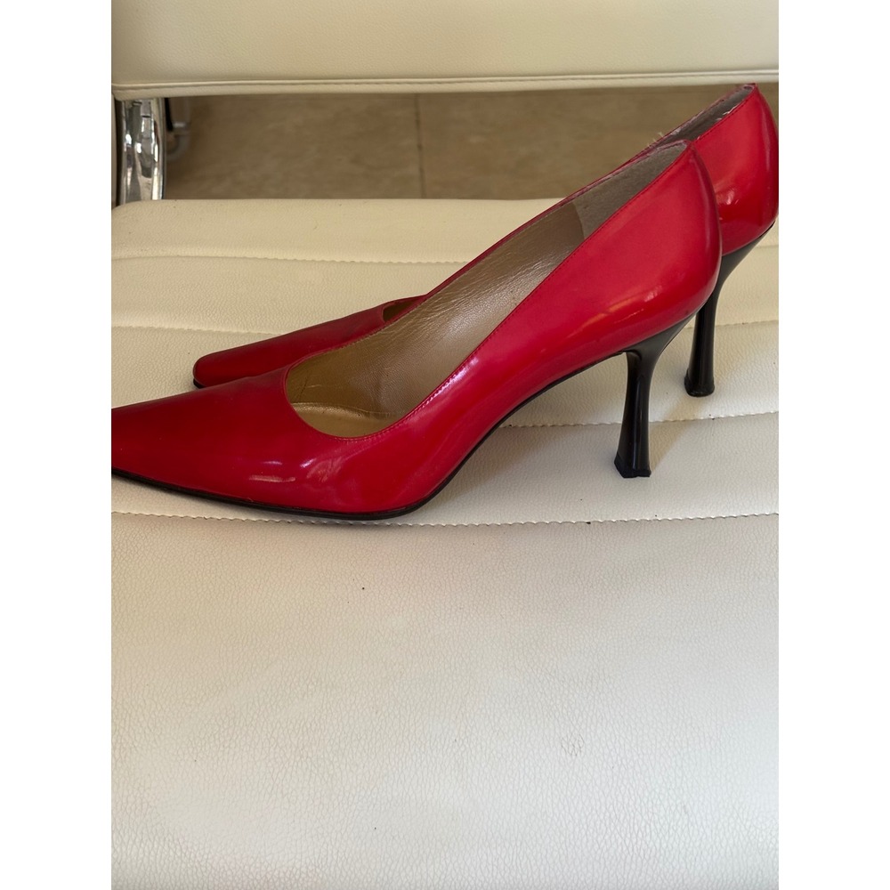 Stuart Weitzman Red Leather Pointed Toe Flared Kitten Heel Pumps Size 8.5 B